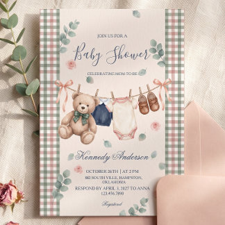 Teddy Beer Plaid Babyshower Uitnodiging
