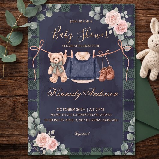 Teddy Beer Plaid Babyshower Uitnodiging