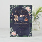Teddy Beer Plaid Babyshower Uitnodiging (Staand voorkant)