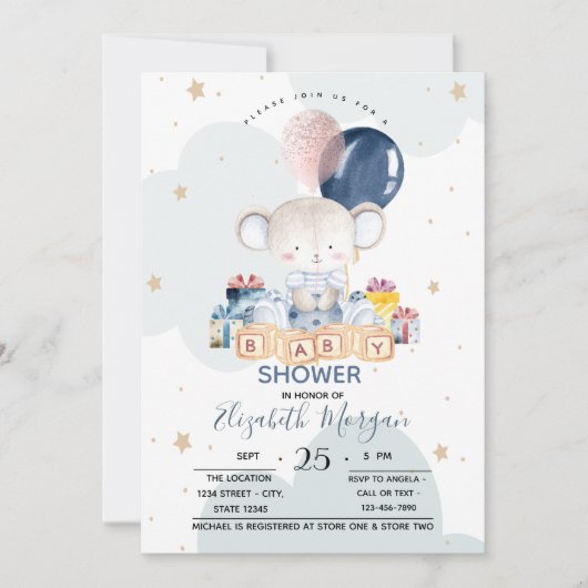 Teddy Beer Presenteert Wolken Baby Shower Kaart (Voorkant)
