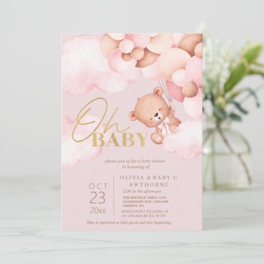  Teddy Beer Roze Ballonnen Meisje Baby Shower Kaart (Staand voorkant)