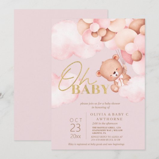  Teddy Beer Roze Ballonnen Meisje Baby Shower Kaart (Voorkant / Achterkant)