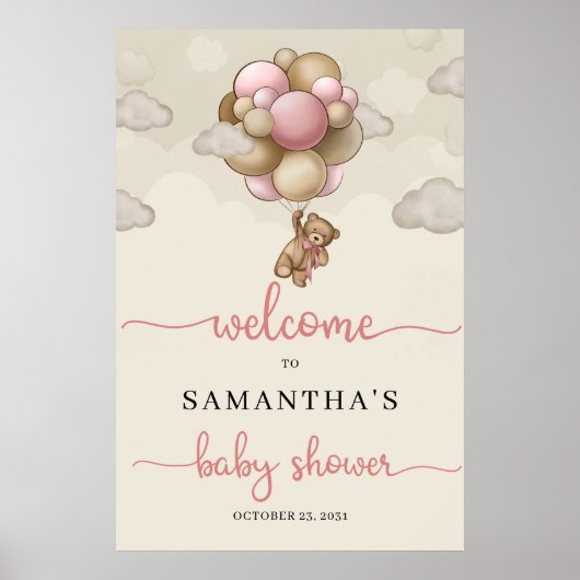 Teddy beer roze bruine ballonnen baby Welkomstteke Poster (Voorkant)
