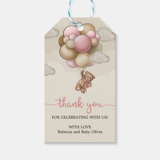 Teddy beer roze bruine beige ballonnen bedankt cadeaulabel (Voorkant)
