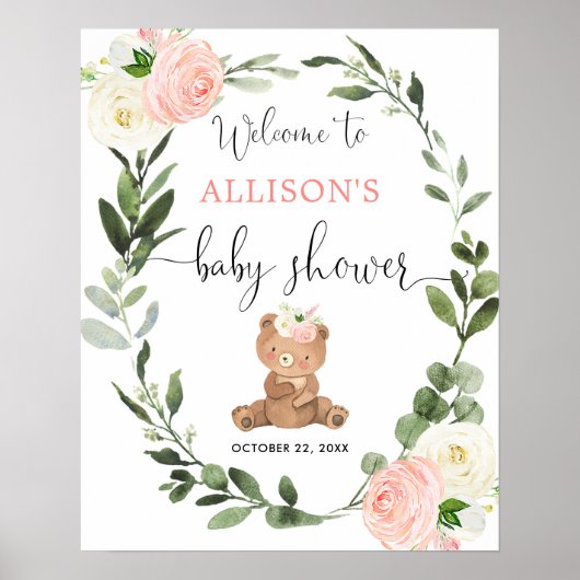Teddy beer roze floral baby shower welkomstteken poster (Voorkant)