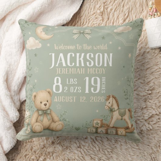 Teddy Beer Sage Groene Baby Geboorte Stats Kussen (Deken)