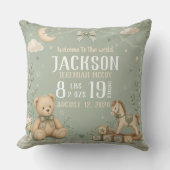 Teddy Beer Sage Groene Baby Geboorte Stats Kussen (Voorkant)