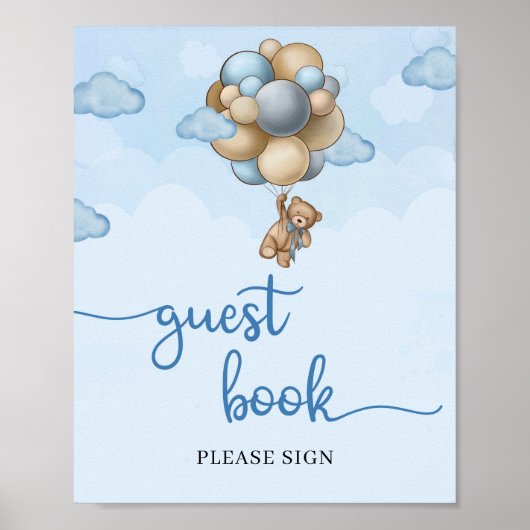 Teddy bek blauwe bruine ballonnen gastenboek poster (Voorkant)
