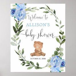Teddy bek blue floral baby shower welkomstbord poster