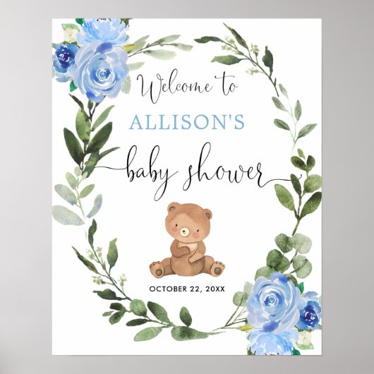 Teddy bek blue floral baby shower welkomstbord poster (Voorkant)