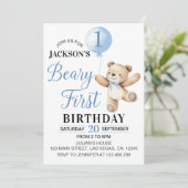 Teddy Blue Balloon Beary eerste verjaardag Kaart (Staand voorkant)