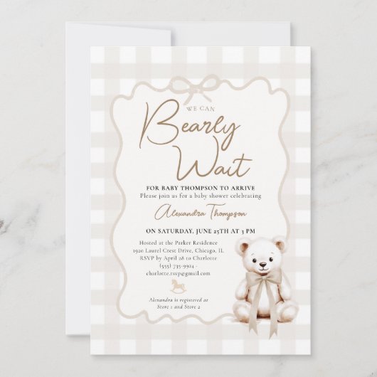 Teddy Bow Neutral Gingham Bearly Wait Baby Shower Kaart (Voorkant)