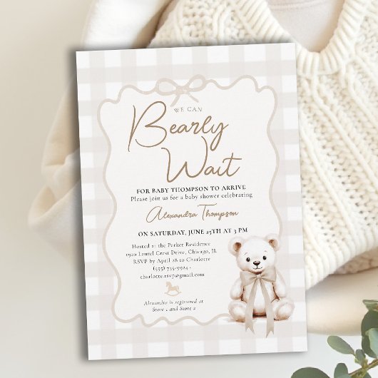 Teddy Bow Neutrale Gingham Bearly Wait Baby Shower Kaart