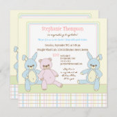 Teddy & Bunny Triplets Baby shower Invitation Kaart (Voorkant / Achterkant)