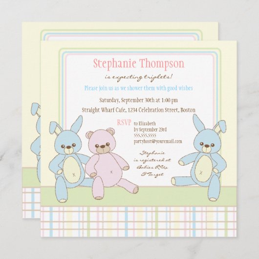 Teddy & Bunny Triplets Baby shower Invitation Kaart (Voorkant / Achterkant)