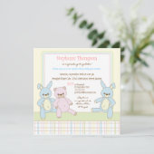 Teddy & Bunny Triplets Baby shower Invitation Kaart (Staand voorkant)