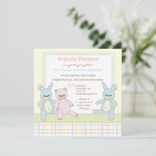 Teddy & Bunny Triplets Baby shower Invitation Kaart (Staand voorkant)