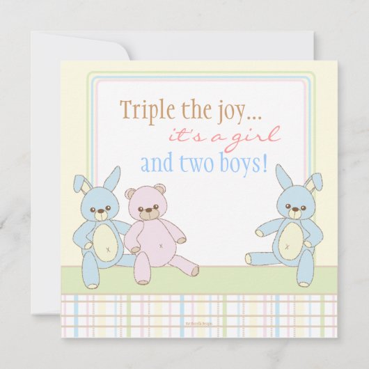 Teddy & Bunny Triplets Baby shower Invitation Kaart (Achterkant)