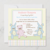 Teddy & Bunny Triplets Baby shower Invitation Kaart (Voorkant)