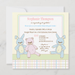 Teddy & Bunny Triplets Baby shower Invitation Kaart
