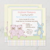 Teddy & Bunny Triplets Baby shower Invitation Kaart (Voorkant / Achterkant)