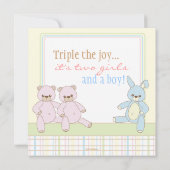 Teddy & Bunny Triplets Baby shower Invitation Kaart (Achterkant)