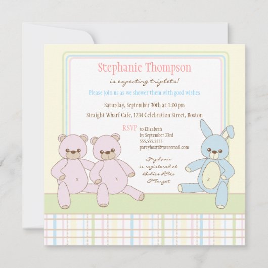 Teddy & Bunny Triplets Baby shower Invitation Kaart (Voorkant)