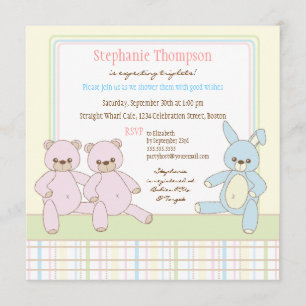 Teddy & Bunny Triplets Baby shower Invitation Kaart