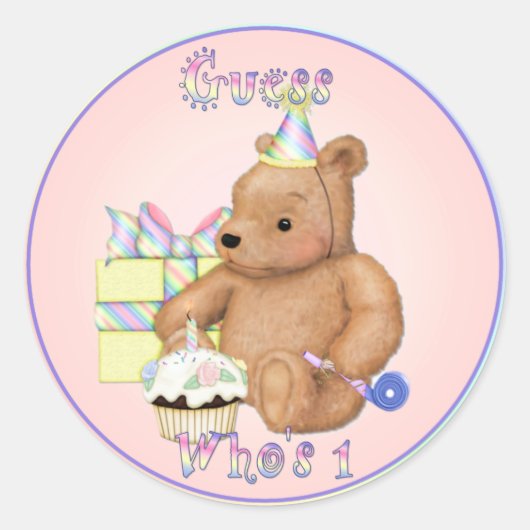 Teddy Cupcake Eerste Verjaardag Ronde Sticker (Voorkant)