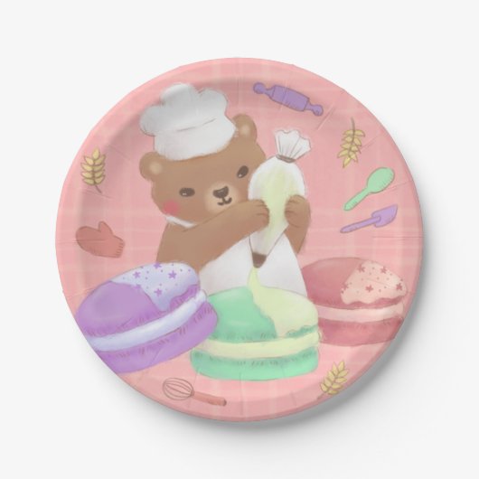 Teddy de bakker met macarons papieren bordje (Voorkant)