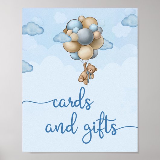 Teddy draagt blauwe bruine ballonkaarten en cadeau poster (Voorkant)