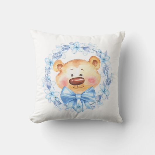 Teddy en blauwe bloemen kussen (Voorkant)