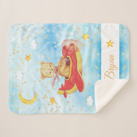*~* Teddy Flying Air Plane Stars Moon Clouds Sherpa Deken (Voorkant (horizontaal))