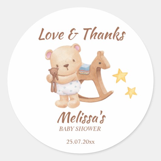 Teddy heeft  speelgoed baby shower bedankt ronde sticker (Voorkant)