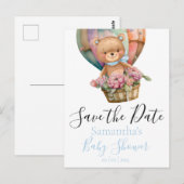 Teddy Hot Air Ballon Baby shower Save the Date Briefkaart (Voorkant / Achterkant)