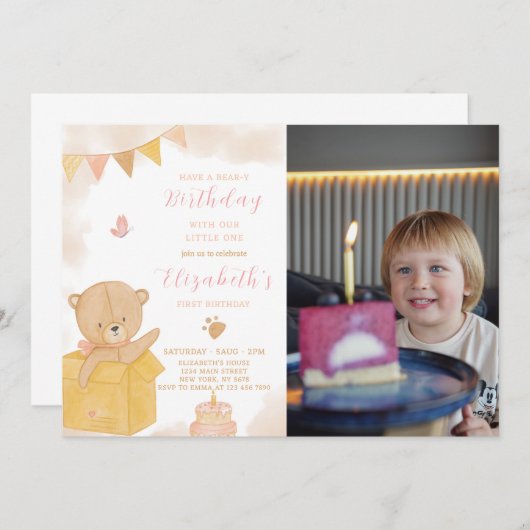 Teddy in Box Verjaardagsuitnodiging met foto Kaart (Voorkant / Achterkant)