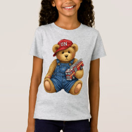 Teddy in Denim Overalls met een brandweerwagen T-shirt