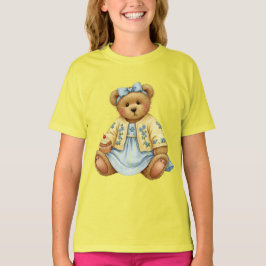 Teddy in een blauwe linnen jurk met een cupcake t-shirt