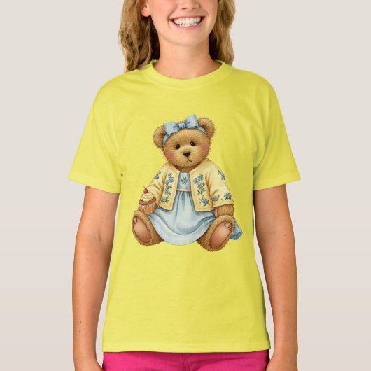 Teddy in een blauwe linnen jurk met een cupcake t-shirt (Voorkant)