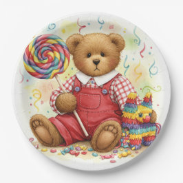 Teddy in een rode overall met een lolly en piñata, papieren bordje