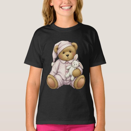 Teddy in een roze pyjama met een pluche konijn t-shirt (Voorkant)