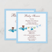 Teddy in Plane & Clothesline Blue Baby shower Kaart (Voorkant / Achterkant)