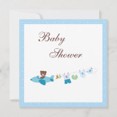 Teddy in Plane & Clothesline Blue Baby shower Kaart (Achterkant)