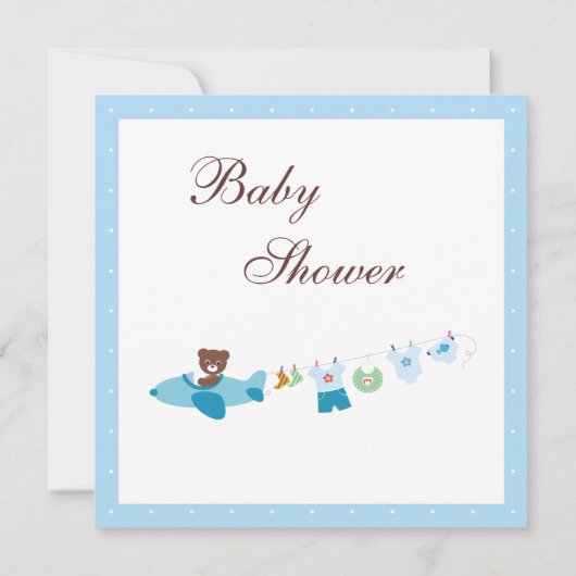 Teddy in Plane & Clothesline Blue Baby shower Kaart (Achterkant)