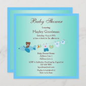 Teddy in Plane & Clothesline Blue Baby shower Kaart (Voorkant / Achterkant)