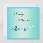 Teddy in Plane & Clothesline Blue Baby shower Kaart (Achterkant)