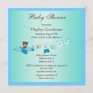 Teddy in Plane & Clothesline Blue Baby shower Kaart