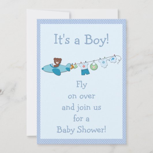 Teddy in Plane & Clothesline Blue Boy Baby shower Kaart (Voorkant)