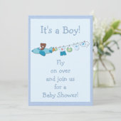 Teddy in Plane & Clothesline Blue Boy Baby shower Kaart (Staand voorkant)