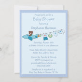 Teddy in Plane & Clothesline Blue Boy Baby shower Kaart (Achterkant)
